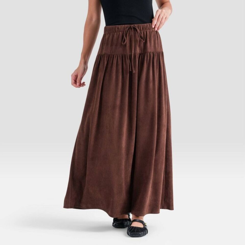 Women's High-Rise Elastic Drawstring Tiered Skirt - Universal Thread Brown M